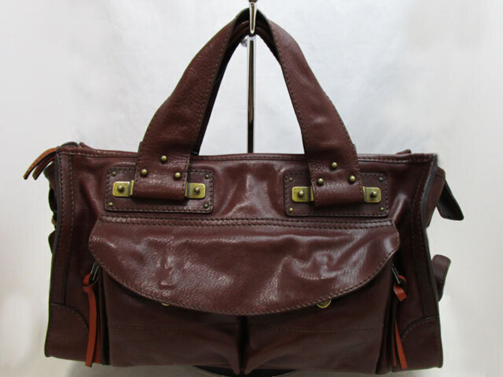 Chloe Tracy Leather Bag Double Top Handles Flap Pocket Brass Red